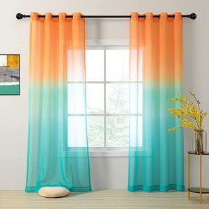 Orange and Blue Two Tone Ombre Sheer Window Curtains